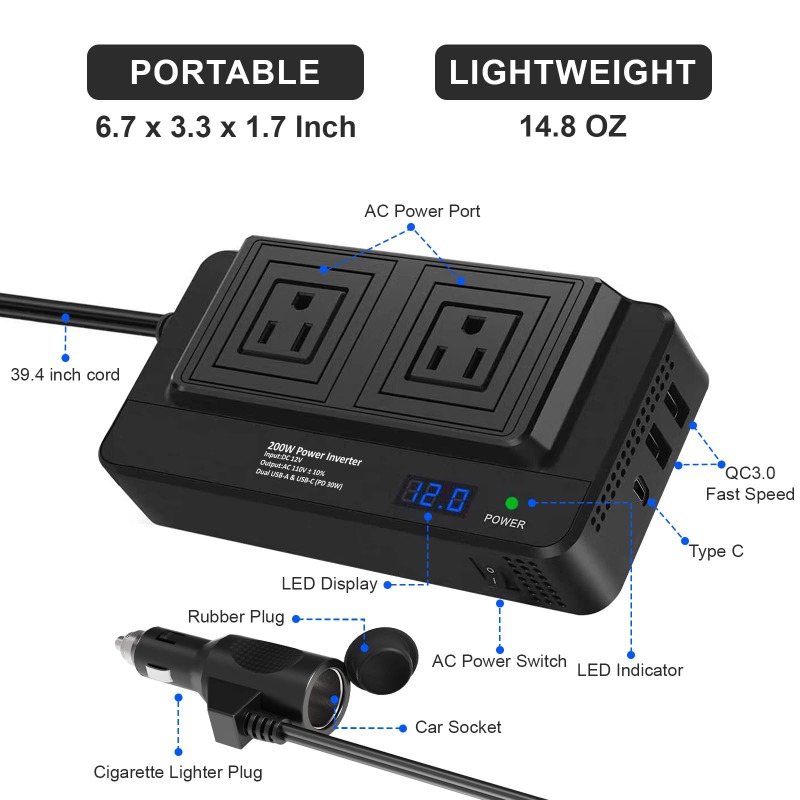Outdoor Power Inverter - 200W Araç İnvertörü Güç Dönüştürücü Araç